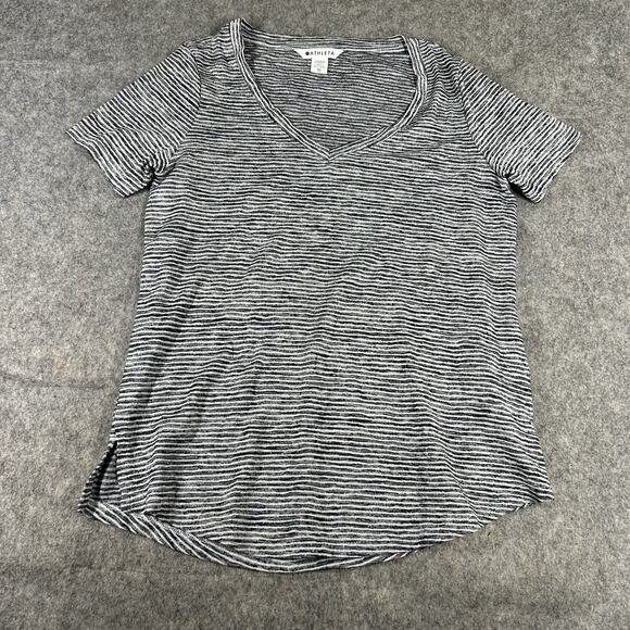 Athleta Breezy Tee Shirt Women’s XS Gray White Striped Short Sleeve V Neck - Picture 1 of 8
